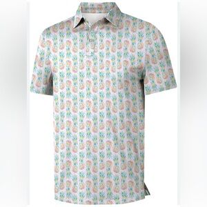 Deolax Men’s Golf Polo White Hawaiian Pineapple Print Dry Fit Casual Size M